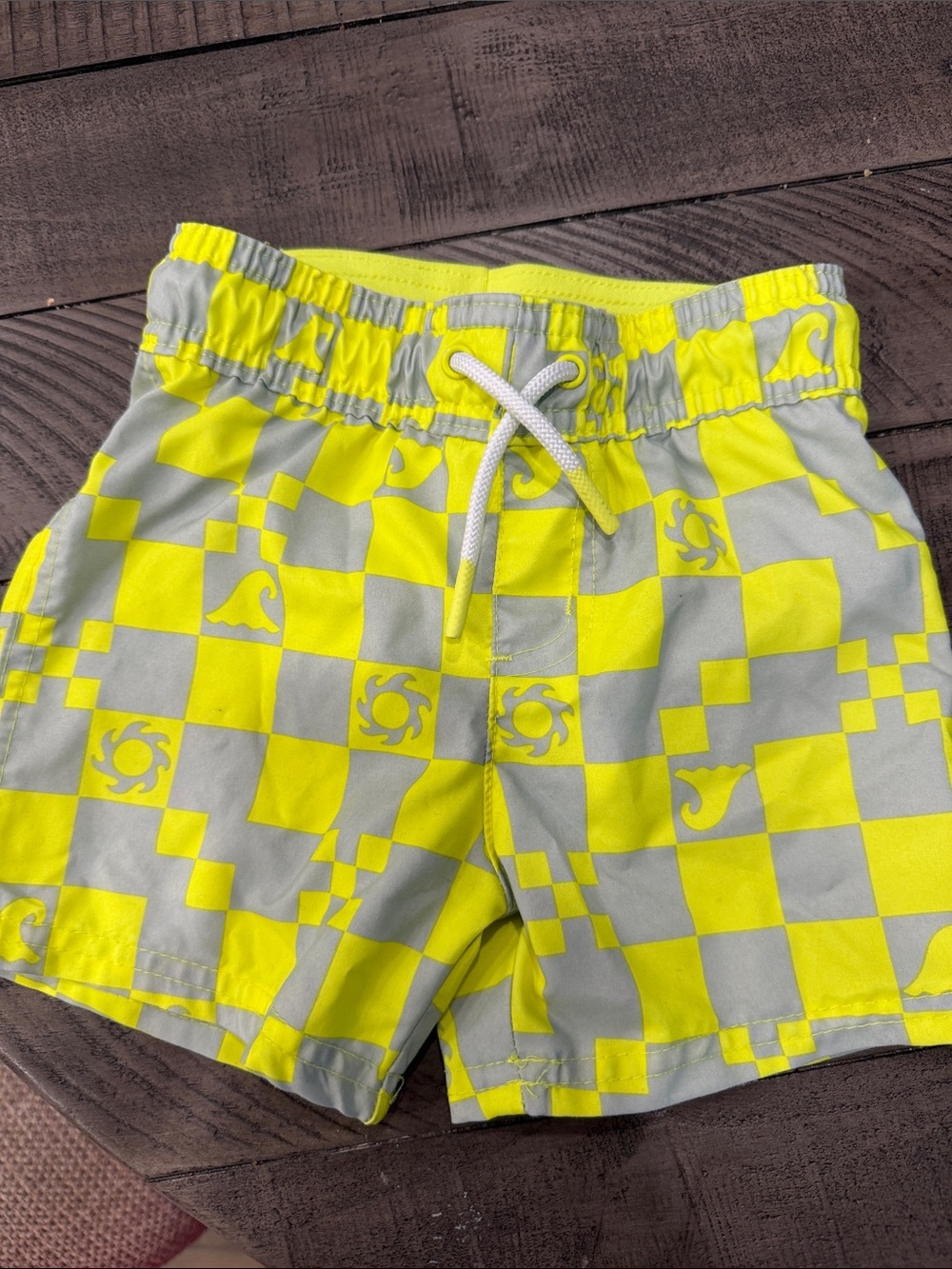 Kids Neon Yellow Check Swim Shorts
